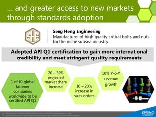 Information on this slide is confidential and strictly for use by SPRING Singapore officers only.
It should not be used or referred to by third parties without prior written consent from SPRING Singapore.
15
… and greater access to new markets
through standards adoption
Seng Heng Engineering
Manufacturer of high quality critical bolts and nuts
for the niche subsea industry
10% Y-o-Y
revenue
growth
Adopted API Q1 certification to gain more international
credibility and meet stringent quality requirements
1 of 10 global
fastener
companies
worldwide to be
certified API Q1
10 – 20%
increase in
sales orders
20 – 30%
projected
market share
increase
 