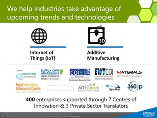 Information on this slide is confidential and strictly for use by SPRING Singapore officers only.
It should not be used or referred to by third parties without prior written consent from SPRING Singapore.
18
We help industries take advantage of
upcoming trends and technologies
400 enterprises supported through 7 Centres of
Innovation & 3 Private Sector Translators
Internet of
Things (IoT)
Additive
Manufacturing
 