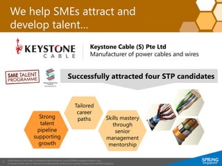 Information on this slide is confidential and strictly for use by SPRING Singapore officers only.
It should not be used or referred to by third parties without prior written consent from SPRING Singapore.
7
We help SMEs attract and
develop talent…
Keystone Cable (S) Pte Ltd
Manufacturer of power cables and wires
Tailored
career
paths
Successfully attracted four STP candidates
Strong
talent
pipeline
supporting
growth
Skills mastery
through
senior
management
mentorship
 