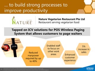 Information on this slide is confidential and strictly for use by SPRING Singapore officers only.
It should not be used or referred to by third parties without prior written consent from SPRING Singapore.
9
… to build strong processes to
improve productivity
Nature Vegetarian Restaurant Pte Ltd
Restaurant serving vegetarian food
Tapped on ICV solutions for POS Wireless Paging
System that allows customers to page waiters
Enabled staff
to focus on
other work
areas
Reduced
manpower
required by up
to 40%
Enhanced
customer
experience
5%
increase in
sales
 