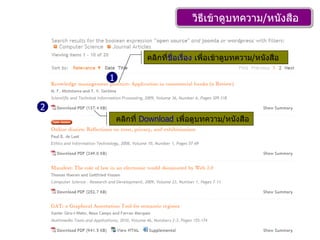 วิธีเข้าดูบทความ / หนังสือ   คลิกที่ ชื่อเรื่อง  เพื่อเข้าดูบทความ / หนังสือ 1 2 คลิกที่  Download   เพื่อดูบทความ / หนังสือ 