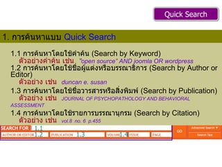 1.1   การค้นหาโดยใช้คำค้น  ( Search by Keyword)   ตัวอย่างคำค้น เช่น   “ open source” AND joomla OR wordpress 1.2   การค้นหาโดยใช้ชื่อผู้แต่งหรือบรรณาธิการ  ( Search by Author or Editor)   ตัวอย่าง เช่น   duncan e. susan 1.3   การค้นหาโดยใช้ชื่อวารสารหรือสิ่งพิมพ์  ( Search by Publication)   ตัวอย่าง เช่น  JOURNAL OF PSYCHOPATHOLOGY AND BEHAVIORAL ASSESSMENT   1.4   การค้นหาโดยใช้รายการบรรณานุกรม  ( Search by Citation)   ตัวอย่าง เช่น  vol.8  no. 6  p.455 1.1 1.2 1.3 1.4 1.  การค้นหาแบบ  Quick Search   Quick Search 