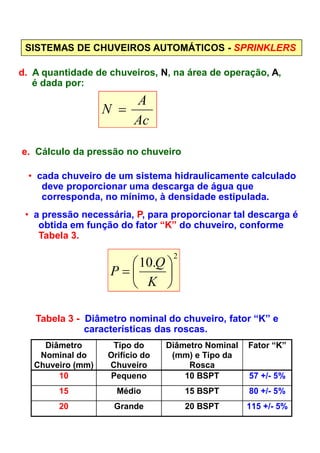 d. A quantidade de chuveiros, N, na área de operação, A,
é dada por:
SISTEMAS DE CHUVEIROS AUTOMÁTICOS - SPRINKLERS
e. Cálculo da pressão no chuveiro
• cada chuveiro de um sistema hidraulicamente calculado
deve proporcionar uma descarga de água que
corresponda, no mínimo, à densidade estipulada.
• a pressão necessária, P, para proporcionar tal descarga é
obtida em função do fator “K” do chuveiro, conforme
Ac
A
N =
obtida em função do fator “K” do chuveiro, conforme
Tabela 3.
2
.10






=
K
Q
P
Diâmetro
Nominal do
Chuveiro (mm)
Tipo do
Orifício do
Chuveiro
Diâmetro Nominal
(mm) e Tipo da
Rosca
Fator “K”
10 Pequeno 10 BSPT 57 +/- 5%
15 Médio 15 BSPT 80 +/- 5%
20 Grande 20 BSPT 115 +/- 5%
Tabela 3 - Diâmetro nominal do chuveiro, fator “K” e
características das roscas.
 