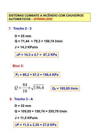 SISTEMAS COMBATE A INCÊNDIO COM CHUVEIROS
AUTOMÁTICOS - SPRINKLERS
7. Trecho 2 - 3
D = 25 mm
Q = 71,44 + 79,3 = 150,74 l/min
J = 14,3 KPa/m
∆∆∆∆P = 14,3 x 4,7 = 67,2 KPa
Bico 3:
P3 = 89,2 + 67,2 = 156,4 KPa
4,156
10
84
×=Q Q3 = 105,05 l/min
8. Trecho 3 - A
D = 32 mm
Q = 105,05 + 150,74 = 255,79 l/min
J = 11,5 KPa/m
∆∆∆∆P = 11,5 x 2,35 = 27,0 KPa
 