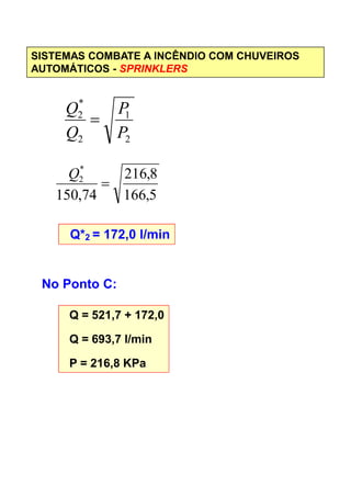 SISTEMAS COMBATE A INCÊNDIO COM CHUVEIROS
AUTOMÁTICOS - SPRINKLERS
2
1
2
*
2
P
P
Q
Q
=
5,166
8,216
74,150
*
2
=
Q
Q*2 = 172,0 l/min
No Ponto C:
Q = 521,7 + 172,0
Q = 693,7 l/min
P = 216,8 KPa
 