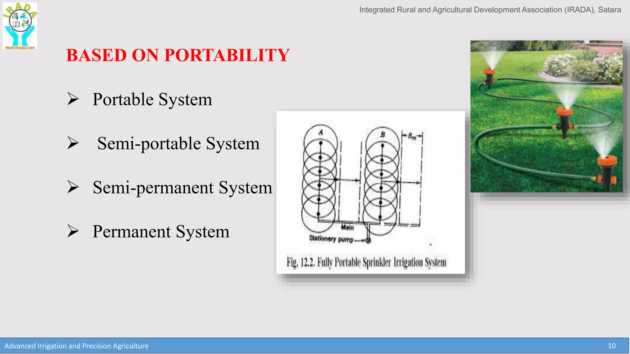 Integrated Rural and Agricultural Development Association (IRADA), Satara
Advanced Irrigation and Precision Agriculture 10
BASED ON PORTABILITY
 Portable System
 Semi-portable System
 Semi-permanent System
 Permanent System
 