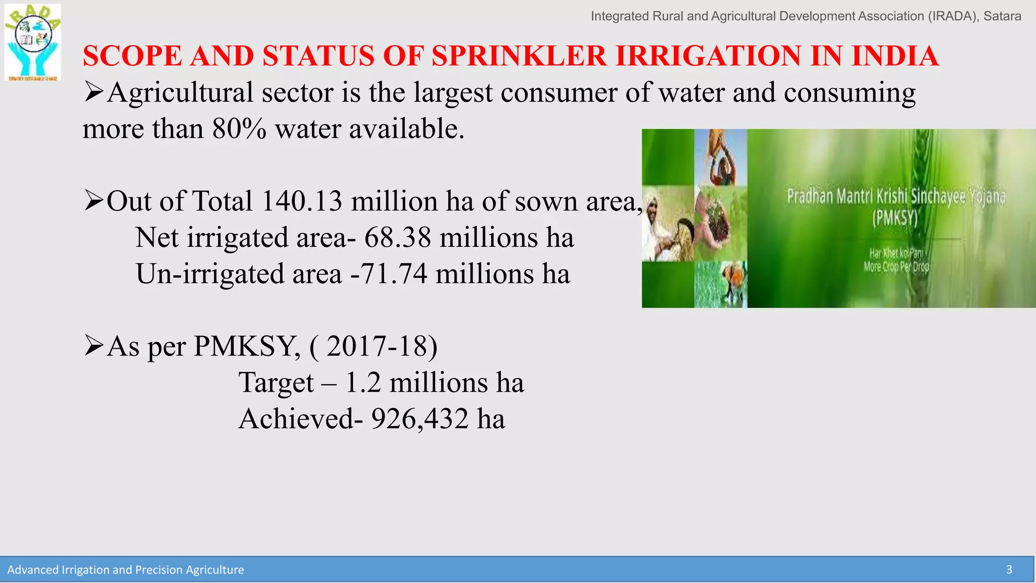 Integrated Rural and Agricultural Development Association (IRADA), Satara
Advanced Irrigation and Precision Agriculture 3
SCOPE AND STATUS OF SPRINKLER IRRIGATION IN INDIA
Agricultural sector is the largest consumer of water and consuming
more than 80% water available.
Out of Total 140.13 million ha of sown area,
Net irrigated area- 68.38 millions ha
Un-irrigated area -71.74 millions ha
As per PMKSY, ( 2017-18)
Target – 1.2 millions ha
Achieved- 926,432 ha
 