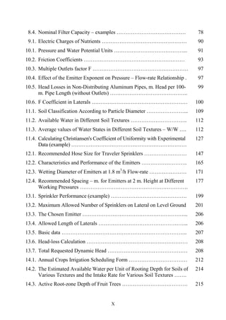 X
8.4. Nominal Filter Capacity – examples ………………………………… 78
9.1. Electric Charges of Nutrients ………………………………………… 90
10.1. Pressure and Water Potential Units …………………………………... 91
10.2. Friction Coefficients ………………………………………………… 93
10.3. Multiple Outlets factor F ……………………………………………… 97
10.4. Effect of the Emitter Exponent on Pressure – Flow-rate Relationship . 97
10.5. Head Losses in Non-Distributing Aluminum Pipes, m. Head per 100-
m. Pipe Length (without Outlets) ……………………………………..
99
10.6. F Coefficient in Laterals ……………………………………………… 100
11.1. Soil Classification According to Particle Diameter …………………... 109
11.2. Available Water in Different Soil Textures ………………………….. 112
11.3. Average values of Water States in Different Soil Textures – W/W …. 112
11.4. Calculating Christiansen's Coefficient of Uniformity with Experimental
Data (example) …………………………………………………………
127
12.1. Recommended Hose Size for Traveler Sprinklers …………………… 147
12.2. Characteristics and Performance of the Emitters …………………….. 165
12.3. Wetting Diameter of Emitters at 1.8 m3
/h Flow-rate ………………… 171
12.4. Recommended Spacing – m. for Emitters at 2 m. Height at Different
Working Pressures …………………………………………………….
177
13.1. Sprinkler Performance (example) ……………………………………. 199
13.2. Maximum Allowed Number of Sprinklers on Lateral on Level Ground 201
13.3. The Chosen Emitter …………………………………………………... 206
13.4. Allowed Length of Laterals …………………………………………... 206
13.5. Basic data …………………………………………………………….. 207
13.6. Head-loss Calculation ………………………………………………… 208
13.7. Total Requested Dynamic Head ……………………………………… 208
14.1. Annual Crops Irrigation Scheduling Form …………………………… 212
14.2. The Estimated Available Water per Unit of Rooting Depth for Soils of
Various Textures and the Intake Rate for Various Soil Textures …….
214
14.3. Active Root-zone Depth of Fruit Trees ………………………………. 215
 