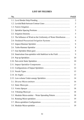 XI
LIST OF FIGURES
No. PAGE
1.1. Level Border Strip Flooding ………………………………………… 2
1.2. Leveled Beds between Contour Lines ……………………………….. 3
1.3. Furrow Irrigation …………………………………………………….. 3
2.1. Sprinkler Spacing Positions …………………………………………. 5
2.2. Irrigation Intensity …………………………………………………… 5
2.3. The Influence of Wind on the Uniformity of Water Distribution …… 6
2.4. Outdated Pressurized Irrigation Systems ……………………….. 6
2.5. Impact-Hammer Sprinkler …………………………………………… 8
2.6. Turbo-Hammer Sprinkler ……………………………………………. 8
2.7. Gun Sprinkler (Rain-gun) ……………………………………………. 8
2.8. Stand-alone Gun-sprinkler with Stabilizer in the Field ……………… 9
2.9. Pop-up Sprinklers ……………………………………………………. 10
2.10. Part-circle Static Sprinklers ………………………………………….. 10
2.11. Impact Sprinkler Components …………………………………… 11
2.12. Configurations of Impact Sprinklers ………………………………… 12
2.13. Nozzle Types ………………………………………………………… 13
2.14. Jet Angles ……………………………………………………………. 13
2.15. Low-volume Under-canopy Sprinklers ……………………………… 14
3.1. Diverse Micro-emitters …………………………………………….. 16
3.2. Static Micro-jets ……………………………………………………... 17
3.3. Vortex Sprayer ………………………………………………………. 18
3.4. Vibrating Micro-jet ………………………………………………….. 18
3.5. Modular Micro-emitter – Water Spreading Pattern …………………. 18
3.6. Rotating Micro-sprinklers …………………………………………… 19
3.7. Micro-sprinklers Configurations …………………………………….. 19
3.8. Modular Micro-sprinkler …………………………………………….. 19
 