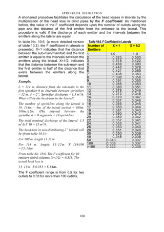100
S P RI NK LE R I R R I G A T I O N
A shortened procedure facilitates the calculation of the head losses in laterals by the
multiplication of the head loss in blind pipes by the F coefficient. As mentioned
before, the value of the F coefficient depends upon the number of outlets along the
pipe and the distance of the first emitter from the entrance to the lateral. This
procedure is valid if the discharge of each emitter and the intervals between the
emitters along the lateral are equal.
In table No. 10.6, (a more detailed version
of table 10.3). the F coefficient in laterals is
presented. X=1 indicates that the distance
between the sub-main/manifold and the first
emitter is equal to the intervals between the
emitters along the lateral. X=1/2, indicates
that the distance between the sub-main and
the first emitter is half of the distance that
exists between the emitters along the
lateral.
Example:
L = 114 m. distance from the sub-main to the
first sprinkler 6 m. Intervals between sprinklers
– 12 m. d = 2”, Sprinkler discharge – 1.5 m3
/h.
What will be the head-loss in the lateral?
The number of sprinklers along the lateral is
10. 114m. – 6m. of the initial section = 108m.
108m./12m. (The interval between the
sprinklers) = 9 segments = 10 sprinklers.
The total nominal discharge of the lateral: 1.5
m3
/h X 10 = 15 m3
/h.
The head-loss in non-distributing 2” lateral will
be (from table 10.5):
For 100 m. length 13.32 m.
For 114 m . length: 13.32m. X 114/100
=15.18m.
From table No. 10.6. The F coefficient for 10
emitters (third columns X=1/2) = 0.353. The
actual head loss is:
15.18m. X 0.353 = 5.36m.
The F coefficient range is from 0.5 for two
outlets to 0.33 for more than 100 outlets.
Table 10.6. F Coefficient in Laterals
Number of
Emitters
X = 1 X = 1/2
1 1.0 1.0
2 0.625 0.500
3 0.518 0.422
4 0.469 0.393
5 0.440 0.378
6 0.421 0.369
7 0.408 0.363
8 0.398 0.358
9 0.391 0.355
10 0.385 0.353
11 0.380 0.351
12 0.378 0.349
13 0.373 0.348
14 0.370 0.347
15 0.367 0.346
16 0.365 0.345
17 0.363 0.344
18 0.361 0.343
19 0.360 0.343
20 0.359 0.342
22 0.357 0.341
24 0.355 0.341
26 0.353 0.340
28 0.351 0.340
30 0.350 0.339
40 0.345 0.338
50 0.343. 0.337
100 0.338 0.337
>100 0.333 0.335
 