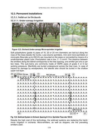 134
S P RI NK LE R I R R I G A T I O N
12.3. Permanent Installations
12.3.1. Solid-set in Orchards
12.3.1.1. Under-canopy Irrigation
Soft polyethylene (grade 4) pipes of 16, 20 or 25 mm diameters are laid-out along the
rows of the trees beside the trunks. Low-volume sprinklers, mini and micro-sprinklers or
micro-jets (flow-rate up to 250 l/h) are mounted on the pipes or connected by means of a
small-diameter plastic tube. Precipitation rate is low, 3 - 5 mm/h. The distance between
the emitters along the lateral corresponds to the tree spacing, one emitter per one or per
two trees. The sub-mains are commonly made of HDPE pipes of grade 4 or 6 bar
working presssure. Manifolds are buried underground across the tree rows. In case of
hazard for damage by woodpeckers, the laterals also should be buried in the shallow
upper soil layer.
Fig. 12.6. Solid-set System in Orchard. Spacing 6 X 4 m. Sprinkler Flow-rate 100 l/h
Despite the high cost of this technology, the solid-set systems are replacing the hand-
move irrigation in orchards. Micro-emitters, as well as drippers, are the prevailing
emitters used.
Figure 12.5. Orchard Under-canopy Micro-sprinkler Irrigation
 