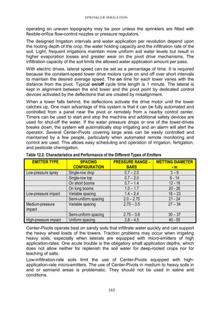 SPRINKLER IRRIGATION
165
operating on uneven topography may be poor unless the sprinklers are fitted with
flexible-orifice flow-control nozzles or pressure regulators.
The designed Irrigation intervals and water application per revolution depend upon
the rooting depth of the crop, the water holding capacity and the infiltration rate of the
soil. Light, frequent irrigations maintain more uniform soil water levels but result in
higher evaporation losses and greater wear on the pivot drive mechanisms. The
infiltration capacity of the soil limits the allowed water application amount per pass.
With electric drives, lateral speed can be set as a percentage of time. It is required
because the constant-speed tower drive motors cycle on and off over short intervals
to maintain the desired average speed. The on time for each tower varies with the
distance from the pivot. Typical on/off cycle time length is 1 minute. The lateral is
kept in alignment between the end tower and the pivot point by dedicated control
devices activated by the deflections that are created by misalignment.
When a tower falls behind, the deflections activate the drive motor until the tower
catches up. One main advantage of this system is that it can be fully automated and
controlled from a panel near the pivot or remotely from a nearby control center.
Timers can be used to start and stop the machine and additional safety devices are
used for shut-off the water. If the water pressure drops or one of the tower-drives
breaks down, the system will automatically stop irrigating and an alarm will alert the
operator. Several Center-Pivots covering large area can be easily controlled and
maintained by a few people, particularly when automated remote monitoring and
control are used. This allows easy scheduling and operation of irrigation, fertigation,
and pesticide chemigation.
Table 12.2. Characteristics and Performance of the Different Types of Emitters
EMITTER TYPE SPACING
CONFIGURATION
PRESSURE RANGE -
BARS
WETTING DIAMETER
- m
Low-pressure spray Single-row drop 0.7 – 2.0 3 – 9
Single-row top 0.7 – 2.0 6 - 14
On short booms 0.7 – 1.4 12 - 18
On long booms 1.0 – 1.7 20 - 26
Low-pressure impact Variable spacing 1.4 – 2.4 18 – 23
Semi-uniform spacing 2.0 – 2.75 21 - 24
Medium-pressure
impact
Variable spacing 2.75 – 3.5 27 – 34
Semi-uniform spacing 2.75 – 3.8 30 – 37
High-pressure impact Uniform spacing 3.8 – 4.5 40 - 50
Center-Pivots operate best on sandy soils that infiltrate water quickly and can support
the heavy wheel loads of the towers. Traction problems may occur when irrigating
heavy soils, especially when laterals are equipped with micro-emitters of high
application-rates. One acute trouble is the obligatory small application depths, which
does not allow neither for replenish the soil water for deep-rooted crops nor for
leaching of salts.
Low-infiltration-rate soils limit the use of Center-Pivots equipped with high-
application-rate micro-emitters. The use of Center-Pivots in medium to heavy soils in
arid or semiarid areas is problematic. They should not be used in saline arid
conditions.
 