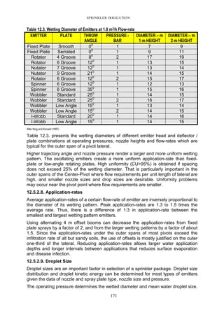 SPRINKLER IRRIGATION
171
Table 12.3. Wetting Diameter of Emitters at 1.8 m3/h Flow-rate
EMITTER PLATE THROW
ANGLE
PRESSURE -
BAR
DIAMETER – m
1 m HEIGHT
DIAMETER – m
2 m HEIGHT
Fixed Plate Smooth 00
1 7 9
Fixed Plate Serrated 00
1 9 11
Rotator 4 Groove 80
2 17 19
Rotator 6 Groove 120
1 13 15
Nutator 7 Groove 120
1 13 14
Nutator 9 Groove 210
1 14 15
Rotator 6 Groove 120
2 15 17
Spinner 6 Groove 120
1 12 13
Spinner 6 Groove 350
1 15 16
Wobbler Standard 250
1 14 15
Wobbler Standard 250
2 16 17
Wobbler Low Angle 150
1 13 14
Wobbler Low Angle 150
2 14 15
I-Wobb Standard 200
1 14 16
I-Wobb Low Angle 150
1 14 15
After King and Kincaid (1997)
Table 12.3. presents the wetting diameters of different emitter head and deflector /
plate combinations at operating pressures, nozzle heights and flow-rates which are
typical for the outer span of a pivot lateral.
Higher trajectory angle and nozzle pressure render a larger and more uniform wetting
pattern. The oscillating emitters create a more uniform application-rate than fixed-
plate or low-angle rotating plates. High uniformity (CU>95%) is obtained if spacing
does not exceed 25% of the wetting diameter. That is particularly important in the
outer spans of the Center-Pivot where flow requirements per unit length of lateral are
high, and smaller nozzle sizes and drop sizes are desirable. Uniformity problems
may occur near the pivot point where flow requirements are smaller.
12.5.2.8. Application-rates
Average application-rates of a certain flow-rate of emitter are inversely proportional to
the diameter of its wetting pattern. Peak application-rates are 1.3 to 1.5 times the
average rate. Thus, there is a difference of 1:3 in application-rate between the
smallest and largest wetting pattern emitters.
Using alternating 4 m offset booms can decrease the application-rates from fixed
plate sprays by a factor of 2, and from the larger wetting patterns by a factor of about
1.5. Since the application-rates under the outer spans of most pivots exceed the
infiltration rate of all but sandy soils, the use of offsets is mostly justified on the outer
one-third of the lateral. Reducing application-rates allows larger water application
depths and longer intervals between applications that reduces surface evaporation
and disease infection.
12.5.2.9. Droplet Size
Droplet sizes are an important factor in selection of a sprinkler package. Droplet size
distribution and droplet kinetic energy can be determined for most types of emitters
given the data of nozzle and spray plate type, nozzle size and pressure.
The operating pressure determines the wetted diameter and mean water droplet size.
 