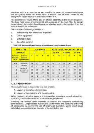 SPRINKLER IRRIGATION
201
the pipes and the accessories are expressed in the same unit system that indicates
the topography effect on water head. Elevation rise of each meter in the
topographic height decreases the water head by 1 m.
The accessories: valves, filters, etc. are chosen according to the required capacity.
The local head-losses are determined and registered on the map. After the design
is completed, the system head-losses are checked again, step-by-step, from the
control head to the last emitter.
The outcome of the design process is:
a. Network map with all the data registered.
b. List of equipment.
c. Detailed budget.
d. Operation scheme
Table 13.2. Maximum Allowed Number of Sprinklers on Lateral on Level Ground
PIPE TYPE ALUMINUM HDPE (RIGID POLYETHYLENE)
Diameter 2” 3” 50 mm 63 mm 75 mm
Sprinkler Distance 6 12 6 12 6 12 6 12 6 12
flow-rate
m
3
/h
between
sprinklers m
0.8 Maximum 18 13 35 27 18 13 25 20 35 26
1.0 allowed
15 12 30 24 18 12 22 17 30 23
1.2
number of
sprinklers on 13 10 29 22 13 10 19 15 27 21
1.4
the lateral
12 10 27 21 12 10 17 14 25 20
1.6 11 9 24 20 11 9 15 13 23 19
1.8 10 8 22 18 10 8 14 12 20 17
13.6.2. System layout
The actual design is separated into two phases:
1. Layout of laterals and manifolds.
2. Layout of the mainline and the submains.
When designing irrigation systems, it is imperative to analyze several alternatives,
comparing initial investment cost, labor and energy expenses.
Choosing the optimal layout depends on diverse and frequently contradicting
considerations. Longer laterals may enable shorter mains and submains and saving
of accessories but commit the use of larger pipe diameters. Comb layout saves
outlets but necessitates larger diameter of the distributing line.
 