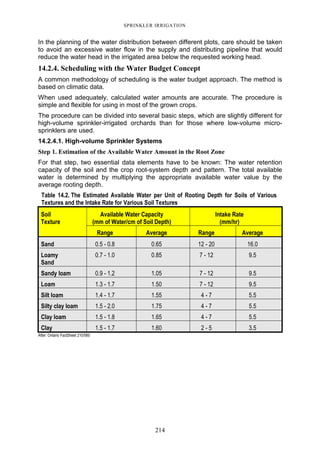 214
SPRINKLER IRRIGATION
In the planning of the water distribution between different plots, care should be taken
to avoid an excessive water flow in the supply and distributing pipeline that would
reduce the water head in the irrigated area below the requested working head.
14.2.4. Scheduling with the Water Budget Concept
A common methodology of scheduling is the water budget approach. The method is
based on climatic data.
When used adequately, calculated water amounts are accurate. The procedure is
simple and flexible for using in most of the grown crops.
The procedure can be divided into several basic steps, which are slightly different for
high-volume sprinkler-irrigated orchards than for those where low-volume micro-
sprinklers are used.
14.2.4.1. High-volume Sprinkler Systems
Step 1. Estimation of the Available Water Amount in the Root Zone
For that step, two essential data elements have to be known: The water retention
capacity of the soil and the crop root-system depth and pattern. The total available
water is determined by multiplying the appropriate available water value by the
average rooting depth.
Table 14.2. The Estimated Available Water per Unit of Rooting Depth for Soils of Various
Textures and the Intake Rate for Various Soil Textures
Available Water Capacity
(mm of Water/cm of Soil Depth)
Intake Rate
(mm/hr)
Soil
Texture
Range Average Range Average
Sand 0.5 - 0.8 0.65 12 - 20 16.0
Loamy
Sand
0.7 - 1.0 0.85 7 - 12 9.5
Sandy loam 0.9 - 1.2 1.05 7 - 12 9.5
Loam 1.3 - 1.7 1.50 7 - 12 9.5
Silt loam 1.4 - 1.7 1.55 4 - 7 5.5
Silty clay loam 1.5 - 2.0 1.75 4 - 7 5.5
Clay loam 1.5 - 1.8 1.65 4 - 7 5.5
Clay 1.5 - 1.7 1.60 2 - 5 3.5
After: Ontario FactSheet 210/560
 