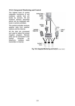 222
15.2.5. Integrated Monitoring and Control
The highest level of control
integrates monitoring of soil
moisture, salinity and pH
levels by sensors. All soil
moisture sensors described
above can be integrated with
local or central controllers
The central controller receives
weather data from weather
stations and the Internet.
All the data are processed
and used to adjust the preset
irrigation program. Remote
plots can be connected to the
central computer by
telephone, wireless radio
transmitter or Internet.
Fig. 15.6. Integrated Monitoring and Control Courtesy "Netafim"
 