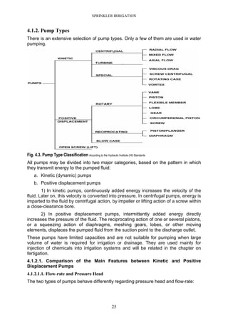 SPRINKLER IRRIGATION
25
4.1.2. Pump Types
There is an extensive selection of pump types. Only a few of them are used in water
pumping.
Fig. 4.3. Pump Type Classification According to the Hydraulic Institute (HI) Standards
All pumps may be divided into two major categories, based on the pattern in which
they transmit energy to the pumped fluid:
a. Kinetic (dynamic) pumps
b. Positive displacement pumps
1) In kinetic pumps, continuously added energy increases the velocity of the
fluid. Later on, this velocity is converted into pressure. In centrifugal pumps, energy is
imparted to the fluid by centrifugal action, by impeller or lifting action of a screw within
a close-clearance bore.
2) In positive displacement pumps, intermittently added energy directly
increases the pressure of the fluid. The reciprocating action of one or several pistons,
or a squeezing action of diaphragms, meshing gears, lobes, or other moving
elements, displaces the pumped fluid from the suction point to the discharge outlet.
These pumps have limited capacities and are not suitable for pumping when large
volume of water is required for irrigation or drainage. They are used mainly for
injection of chemicals into irrigation systems and will be related in the chapter on
fertigation.
4.1.2.1. Comparison of the Main Features between Kinetic and Positive
Displacement Pumps
4.1.2.1.1. Flow-rate and Pressure Head
The two types of pumps behave differently regarding pressure head and flow-rate:
 