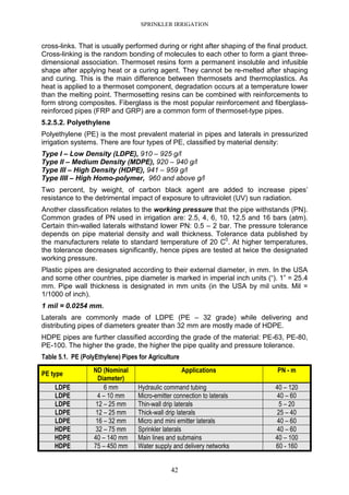 SPRINKLER IRRIGATION
42
cross-links. That is usually performed during or right after shaping of the final product.
Cross-linking is the random bonding of molecules to each other to form a giant three-
dimensional association. Thermoset resins form a permanent insoluble and infusible
shape after applying heat or a curing agent. They cannot be re-melted after shaping
and curing. This is the main difference between thermosets and thermoplastics. As
heat is applied to a thermoset component, degradation occurs at a temperature lower
than the melting point. Thermosetting resins can be combined with reinforcements to
form strong composites. Fiberglass is the most popular reinforcement and fiberglass-
reinforced pipes (FRP and GRP) are a common form of thermoset-type pipes.
5.2.5.2. Polyethylene
Polyethylene (PE) is the most prevalent material in pipes and laterals in pressurized
irrigation systems. There are four types of PE, classified by material density:
Type I – Low Density (LDPE), 910 – 925 g/l
Type II – Medium Density (MDPE), 920 – 940 g/l
Type III – High Density (HDPE), 941 – 959 g/l
Type IIII – High Homo-polymer, 960 and above g/l
Two percent, by weight, of carbon black agent are added to increase pipes’
resistance to the detrimental impact of exposure to ultraviolet (UV) sun radiation.
Another classification relates to the working pressure that the pipe withstands (PN).
Common grades of PN used in irrigation are: 2.5, 4, 6, 10, 12.5 and 16 bars (atm).
Certain thin-walled laterals withstand lower PN: 0.5 – 2 bar. The pressure tolerance
depends on pipe material density and wall thickness. Tolerance data published by
the manufacturers relate to standard temperature of 20 C0
. At higher temperatures,
the tolerance decreases significantly, hence pipes are tested at twice the designated
working pressure.
Plastic pipes are designated according to their external diameter, in mm. In the USA
and some other countries, pipe diameter is marked in imperial inch units (“). 1” = 25.4
mm. Pipe wall thickness is designated in mm units (in the USA by mil units. Mil =
1/1000 of inch).
1 mil = 0.0254 mm.
Laterals are commonly made of LDPE (PE – 32 grade) while delivering and
distributing pipes of diameters greater than 32 mm are mostly made of HDPE.
HDPE pipes are further classified according the grade of the material: PE-63, PE-80,
PE-100. The higher the grade, the higher the pipe quality and pressure tolerance.
Table 5.1. PE (PolyEthylene) Pipes for Agriculture
PE type ND (Nominal
Diameter)
Applications PN - m
LDPE 6 mm Hydraulic command tubing 40 – 120
LDPE 4 – 10 mm Micro-emitter connection to laterals 40 – 60
LDPE 12 – 25 mm Thin-wall drip laterals 5 – 20
LDPE 12 – 25 mm Thick-wall drip laterals 25 – 40
LDPE 16 – 32 mm Micro and mini emitter laterals 40 – 60
HDPE 32 – 75 mm Sprinkler laterals 40 – 60
HDPE 40 – 140 mm Main lines and submains 40 – 100
HDPE 75 – 450 mm Water supply and delivery networks 60 - 160
 