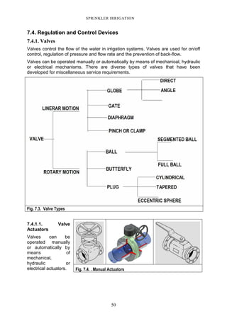 50
SPRINKLER IRRIGATION
7.4. Regulation and Control Devices
7.4.1. Valves
Valves control the flow of the water in irrigation systems. Valves are used for on/off
control, regulation of pressure and flow rate and the prevention of back-flow.
Valves can be operated manually or automatically by means of mechanical, hydraulic
or electrical mechanisms. There are diverse types of valves that have been
developed for miscellaneous service requirements.
Fig. 7.3. Valve Types
7.4.1.1. Valve
Actuators
Valves can be
operated manually
or automatically by
means of
mechanical,
hydraulic or
electrical actuators. Fig. 7.4. . Manual Actuators
 