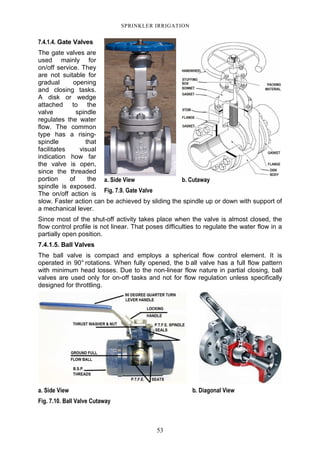 53
SPRINKLER IRRIGATION
7.4.1.4. Gate Valves
The gate valves are
used mainly for
on/off service. They
are not suitable for
gradual opening
and closing tasks.
A disk or wedge
attached to the
valve spindle
regulates the water
flow. The common
type has a rising-
spindle that
facilitates visual
indication how far
the valve is open,
since the threaded
portion of the
spindle is exposed.
The on/off action is
slow. Faster action can be achieved by sliding the spindle up or down with support of
a mechanical lever.
Since most of the shut-off activity takes place when the valve is almost closed, the
flow control profile is not linear. That poses difficulties to regulate the water flow in a
partially open position.
7.4.1.5. Ball Valves
The ball valve is compact and employs a spherical flow control element. It is
operated in 90° rotations. When fully opened, the b all valve has a full flow pattern
with minimum head losses. Due to the non-linear flow nature in partial closing, ball
valves are used only for on-off tasks and not for flow regulation unless specifically
designed for throttling.
a. Side View b. Diagonal View
Fig. 7.10. Ball Valve Cutaway
a. Side View b. Cutaway
Fig. 7.9. Gate Valve
 