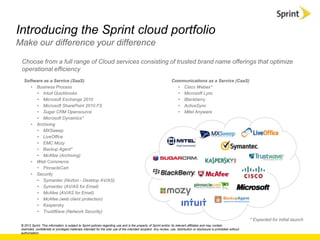 Introducing the Sprint cloud portfolio
Make our difference your difference

 Choose from a full range of Cloud services consisting of trusted brand name offerings that optimize
 operational efficiency
   Software as a Service (SaaS)                                                                                     Communications as a Service (CaaS)
      • Business Process                                                                                              • Cisco Webex*
        • Intuit Quickbooks                                                                                           • Microsoft Lync
        • Microsoft Exchange 2010                                                                                     • Blackberry
        • Microsoft SharePoint 2010 FS                                                                                • ActiveSync
        • Sugar CRM Opensource                                                                                        • Mitel Anyware
        • Microsoft Dynamics*
      • Archiving
        • MXSweep
        • LiveOffice
        • EMC Mozy
        • Backup Agent*
        • McAfee (Archiving)
      • Web Commerce
        • PinnacleCart
      • Security
        • Symantec (Norton - Desktop AV/AS)
        • Symantec (AV/AS for Email)
        • McAfee (AV/AS for Email)
        • McAfee (web client protection)
        • Kaspersky
        • TrustWave (Network Security)
                                                                                                                                                                           * Expected for initial launch
 © 2012 Sprint. This information is subject to Sprint policies regarding use and is the property of Sprint and/or its relevant affiliates and may contain
 restricted, confidential or privileged materials intended for the sole use of the intended recipient. Any review, use, distribution or disclosure is prohibited without
 authorization.
 