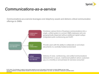 Communications-as-a-service

Communications-as-a-service leverages core telephony assets and delivers critical communication
offerings to SMBs




                                                                                          Combines various forms of business communications into a
                                                        Collaboration                     single, unified system to connect SMB employees who are
                                                        COMaaS                            geographically dispersed without additional capital outlays
                                                                                          (integrated audio conferencing and VoIP)



       Communications-                                  Social                            Provide users with the ability to collaborate on and share
       as-a-Service                                     Collaboration                     documents in a centrally hosted environment




                                                        Unified                           Delivery of voice, conferencing, and unified communications
                                                        Communications-                   delivered from a secure, multi-tenant platform where customers
                                                        as-a-Service                      pay on a monthly or annual basis for services consumed




© 2012 Sprint. This information is subject to Sprint policies regarding use and is the property of Sprint and/or its relevant affiliates and may contain
restricted, confidential or privileged materials intended for the sole use of the intended recipient. Any review, use, distribution or disclosure is prohibited without
authorization.
 