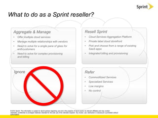 What to do as a Sprint reseller?

    Aggregate & Manage                                                                                             Resell Sprint
    •     Offer multiple cloud services                                                                            •     Cloud Services Aggregation Platform
    •     Manage multiple relationships with vendors                                                               •     Private label cloud storefront
    •     Need to solve for a single pane of glass for                                                             •     Pick and choose from a range of existing
          end-customers                                                                                                  SaaS apps
    •     Need to solve for complex provisioning                                                                   •     Integrated billing and provisioning
          and billing




     Ignore                                                                                                        Refer
                                                                                                                   •     Commoditized Services
                                                                                                                   •     Specialized Services
                                                                                                                   •     Low margins
                                                                                                                   •     No control




© 2012 Sprint. This information is subject to Sprint policies regarding use and is the property of Sprint and/or its relevant affiliates and may contain
restricted, confidential or privileged materials intended for the sole use of the intended recipient. Any review, use, distribution or disclosure is prohibited without
authorization.
 