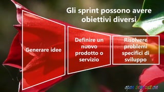 Risolvere
problemi
specifici di
sviluppo
Gli sprint possono avere
obiettivi diversi
Generare idee
Definire un
nuovo
prodotto o
servizio
 