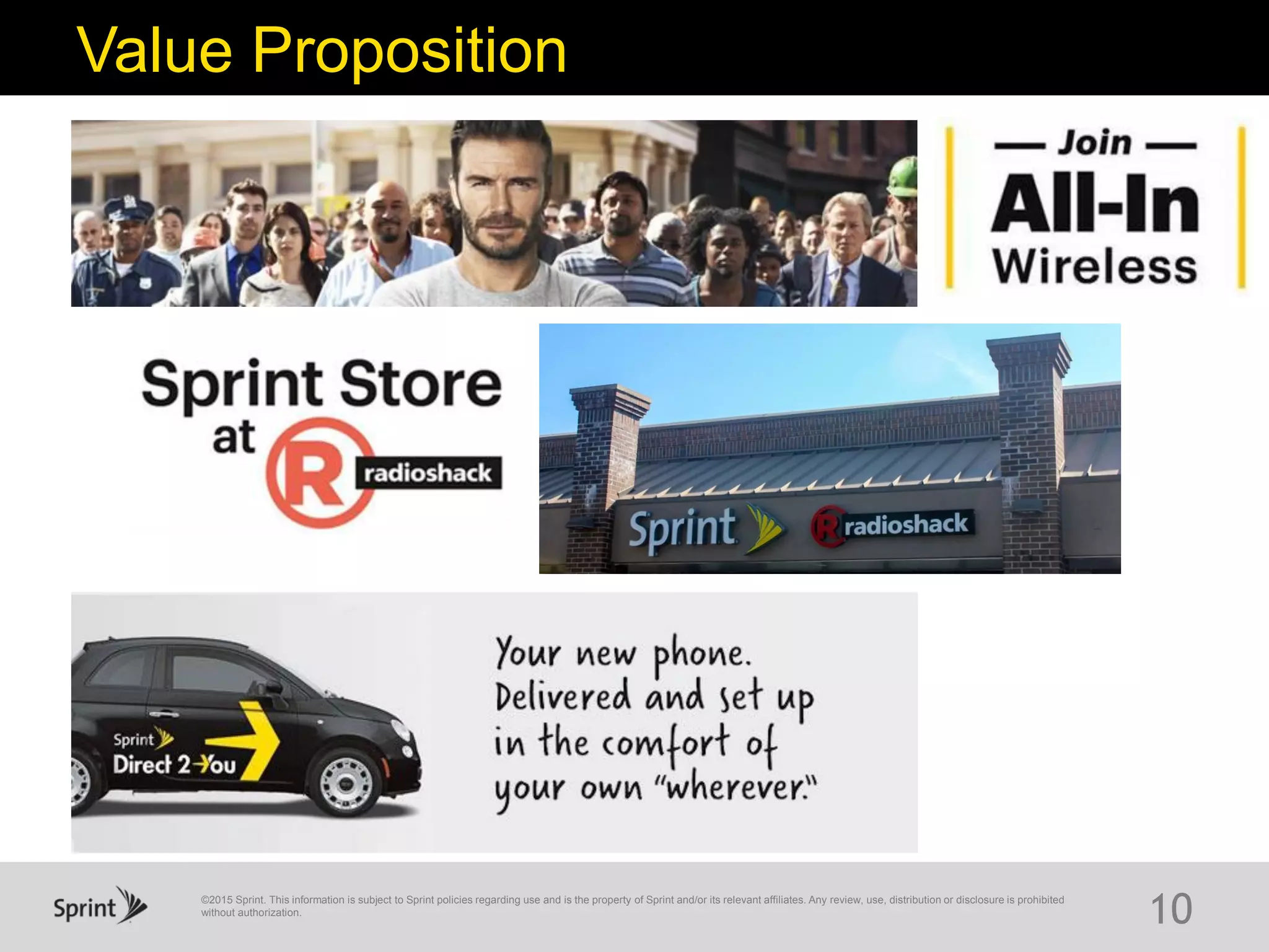 ©2015 Sprint. This information is subject to Sprint policies regarding use and is the property of Sprint and/or its relevant affiliates. Any review, use, distribution or disclosure is prohibited
without authorization.
10
Value Proposition
 