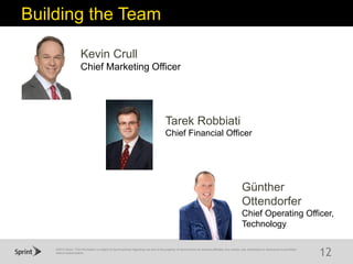 ©2015 Sprint. This information is subject to Sprint policies regarding use and is the property of Sprint and/or its relevant affiliates. Any review, use, distribution or disclosure is prohibited
without authorization.
12
Building the Team
Kevin Crull
Chief Marketing Officer
Günther
Ottendorfer
Chief Operating Officer,
Technology
Tarek Robbiati
Chief Financial Officer
 