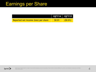 ©2015 Sprint. This information is subject to Sprint policies regarding use and is the property of Sprint and/or its relevant affiliates. Any review, use, distribution or disclosure is prohibited
without authorization.
Earnings per Share
4
1QFY14 1QFY15
Reported net income (loss) per share $0.01 ($0.01)
 