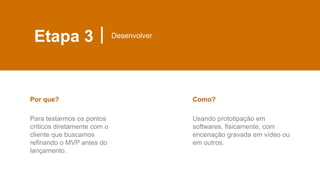 Etapa 3 Desenvolver
Para testarmos os pontos
críticos diretamente com o
cliente que buscamos
refinando o MVP antes do
lançamento.
Por que?
Usando prototipação em
softwares, fisicamente, com
encenação gravada em vídeo ou
em outros.
Como?
 