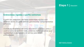A partir das pesquisas são feitas entrevistas rápidas com
pessoas dentro do perfil definido para levantar comportamentos
extremos.
Usando as dimensões de como descobrem o serviço, como o
usam e como se lembram dele, podemos definir personas que
representam o uso extremo do serviço para serem
entrevistadas.
Entrevistas rápidas e perfis extremos
Etapa 1 | Descobrir
METODOLOGIAS
 