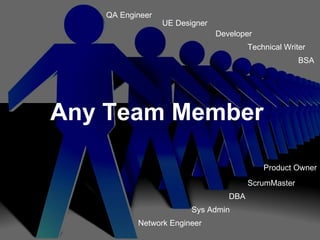 Product Owner QA Engineer ScrumMaster Sys Admin Network Engineer DBA UE Designer Technical Writer Any Team Member Developer BSA 