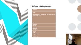 Different existing chatbots
Chatbots
Elizza
(Weizenbaum of the MIT AI Lab built the first
chatbots, ELIZA.)
Alice
Elizabeth
Mitsuku
Cleverbot
Chatfuel
Chat Script
Watson
LUIS
Diaglog Flow
Amazon Lex
 
