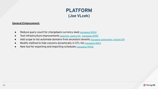24
PLATFORM
(Joe VLcek)
General Enhancement:
● Reduce query count for chargeback currency seed manageiq/18952
● Test infrastructure improvements awesome_spawn/46, manageiq/18987
● Add scope to list automate domains from ancestors tenants manageiq-automation_engine/318
● Modify method to hide columns dynamically in GTL list manageiq/18812
● New tool for exporting and importing schedules manageiq/19008
 