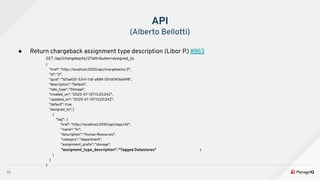 10
● Return chargeback assignment type description (Libor P.) #863
GET /api/chargebacks/2?attributes=assigned_to
{
"href": "http://localhost:3000/api/chargebacks/2",
"id": "2",
"guid": "7d7aaf20-5214-11df-a888-001d09066d98",
"description": "Default",
"rate_type": "Storage",
"created_on": "2020-07-10T13:20:24Z",
"updated_on": "2020-07-10T13:20:24Z",
"default": true,
"assigned_to": [
{
"tag": {
"href": "http://localhost:3090/api/tags/42",
"name": "hr",
"description": "Human Resources",
"category": "department",
"assignment_preﬁx": "storage",
"assigment_type_description": "Tagged Datastores" }
}
]
}
API
(Alberto Bellotti)
 