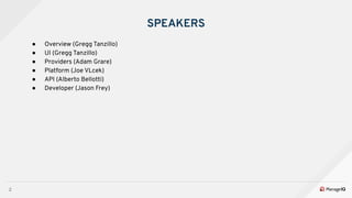 2
SPEAKERS
● Overview (Gregg Tanzillo)
● UI (Gregg Tanzillo)
● Providers (Adam Grare)
● Platform (Joe VLcek)
● API (Alberto Bellotti)
● Developer (Jason Frey)
 