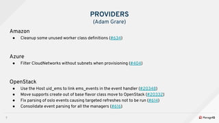 7
Amazon
● Cleanup some unused worker class deﬁnitions (#634)
Azure
● Filter CloudNetworks without subnets when provisioning (#404)
OpenStack
● Use the Host uid_ems to link ems_events in the event handler (#20348)
● Move supports create out of base ﬂavor class move to OpenStack (#20332)
● Fix parsing of oslo events causing targeted refreshes not to be run (#614)
● Consolidate event parsing for all the managers (#616)
PROVIDERS
(Adam Grare)
 