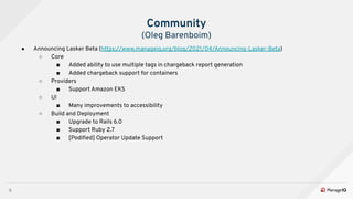 5
Community
(Oleg Barenboim)
● Announcing Lasker Beta (https://www.manageiq.org/blog/2021/04/Announcing-Lasker-Beta)
○ Cor...