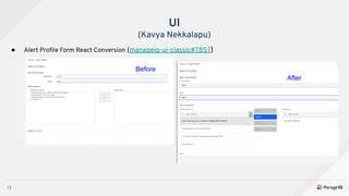 13
● Alert Proﬁle Form React Conversion (manageiq-ui-classic#7857)
UI
(Kavya Nekkalapu)
Before
After
 