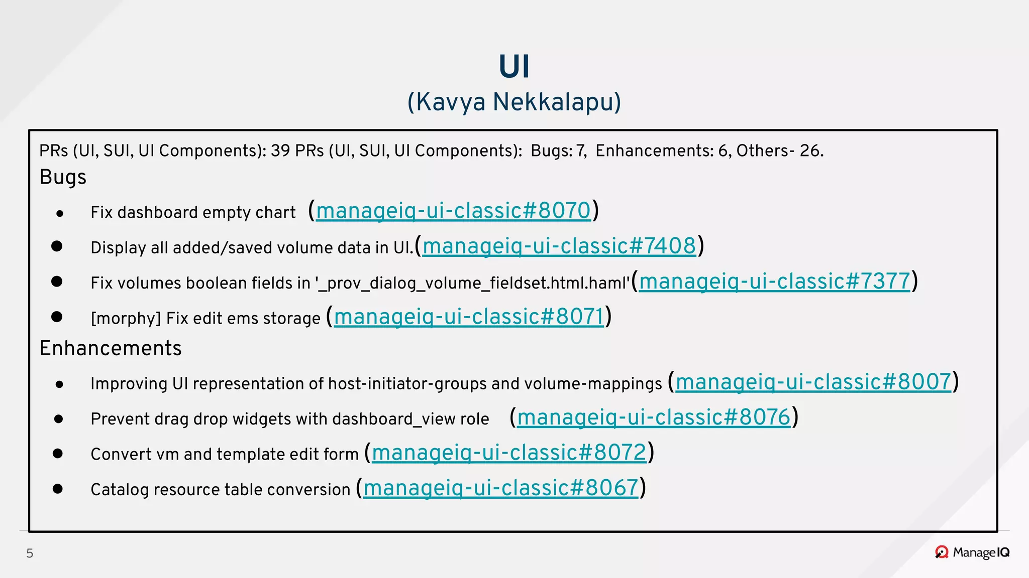 5
UI
(Kavya Nekkalapu)
PRs (UI, SUI, UI Components): 39 PRs (UI, SUI, UI Components): Bugs: 7, Enhancements: 6, Others- 26.
Bugs
● Fix dashboard empty chart (manageiq-ui-classic#8070)
● Display all added/saved volume data in UI.(manageiq-ui-classic#7408)
● Fix volumes boolean ﬁelds in '_prov_dialog_volume_ﬁeldset.html.haml'(manageiq-ui-classic#7377)
● [morphy] Fix edit ems storage (manageiq-ui-classic#8071)
Enhancements
● Improving UI representation of host-initiator-groups and volume-mappings (manageiq-ui-classic#8007)
● Prevent drag drop widgets with dashboard_view role (manageiq-ui-classic#8076)
● Convert vm and template edit form (manageiq-ui-classic#8072)
● Catalog resource table conversion (manageiq-ui-classic#8067)
 