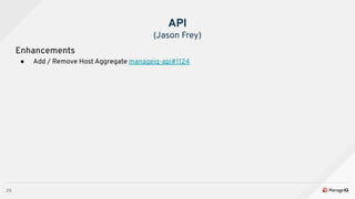 25
Enhancements
● Add / Remove Host Aggregate manageiq-api#1124
API
(Jason Frey)
 