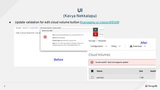 8
● Update validation for edit cloud volume button (manageiq-ui-classic#8168)
UI
(Kavya Nekkalapu)
Before
After
 
