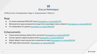 5
UI
(Kavya Nekkalapu)
16 PRs (UI, SUI, UI Components): Bugs: 4, Enhancements: 7, Others: 5
Bugs
● Fix charts download PNG...