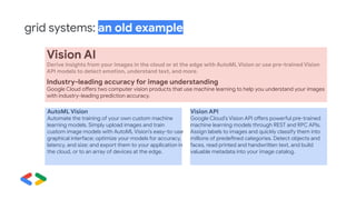 grid systems: an old example
Vision AI
Derive insights from your images in the cloud or at the edge with AutoML Vision or use pre-trained Vision
API models to detect emotion, understand text, and more.
Industry-leading accuracy for image understanding
Google Cloud offers two computer vision products that use machine learning to help you understand your images
with industry-leading prediction accuracy.
AutoML Vision
Automate the training of your own custom machine
learning models. Simply upload images and train
custom image models with AutoML Vision’s easy-to-use
graphical interface; optimize your models for accuracy,
latency, and size; and export them to your application in
the cloud, or to an array of devices at the edge.
Vision API
Google Cloud’s Vision API offers powerful pre-trained
machine learning models through REST and RPC APIs.
Assign labels to images and quickly classify them into
millions of predefined categories. Detect objects and
faces, read printed and handwritten text, and build
valuable metadata into your image catalog.
 