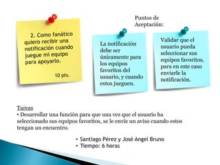 Tareas
• Desarrollar una función para que una vez que el usuario ha
seleccionado sus equipos favoritos, se le envíe un aviso cuando estos
tengan un encuentro.
Puntos de
Aceptación:
• Santiago Pérez y José Angel Bruno
• Tiempo: 6 horas
La notificación
debe ser
únicamente para
los equipos
favoritos del
usuario, y cuando
estos jueguen.
Validar que el
usuario pueda
seleccionar sus
equipos favoritos,
para en este caso
enviarle la
notificación.
 