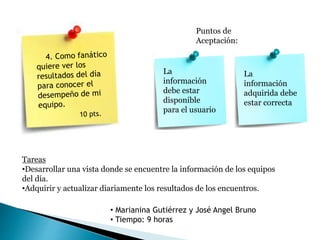 Tareas
•Desarrollar una vista donde se encuentre la información de los equipos
del día.
•Adquirir y actualizar diariamente los resultados de los encuentros.
Puntos de
Aceptación:
• Marianina Gutiérrez y José Angel Bruno
• Tiempo: 9 horas
La
información
debe estar
disponible
para el usuario
La
información
adquirida debe
estar correcta
 