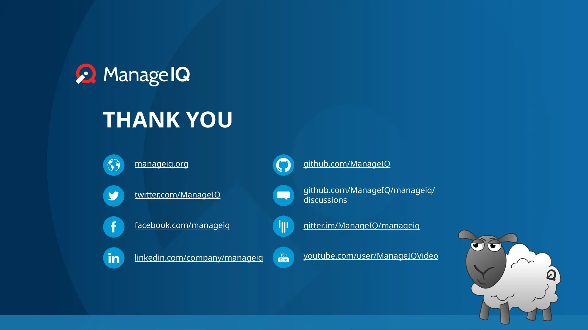 THANK YOU
manageiq.org github.com/ManageIQ
twitter.com/ManageIQ
gitter.im/ManageIQ/manageiq
facebook.com/manageiq
github.com/ManageIQ/manageiq/
discussions
youtube.com/user/ManageIQVideo
linkedin.com/company/manageiq
 