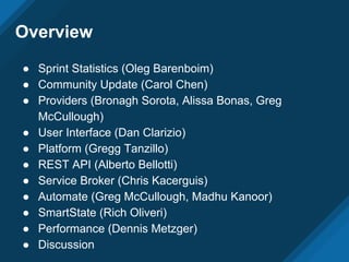 Overview
● Sprint Statistics (Oleg Barenboim)
● Community Update (Carol Chen)
● Providers (Bronagh Sorota, Alissa Bonas, G...
